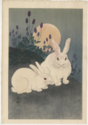 Rabbits with Bush Clover Under Full Moon